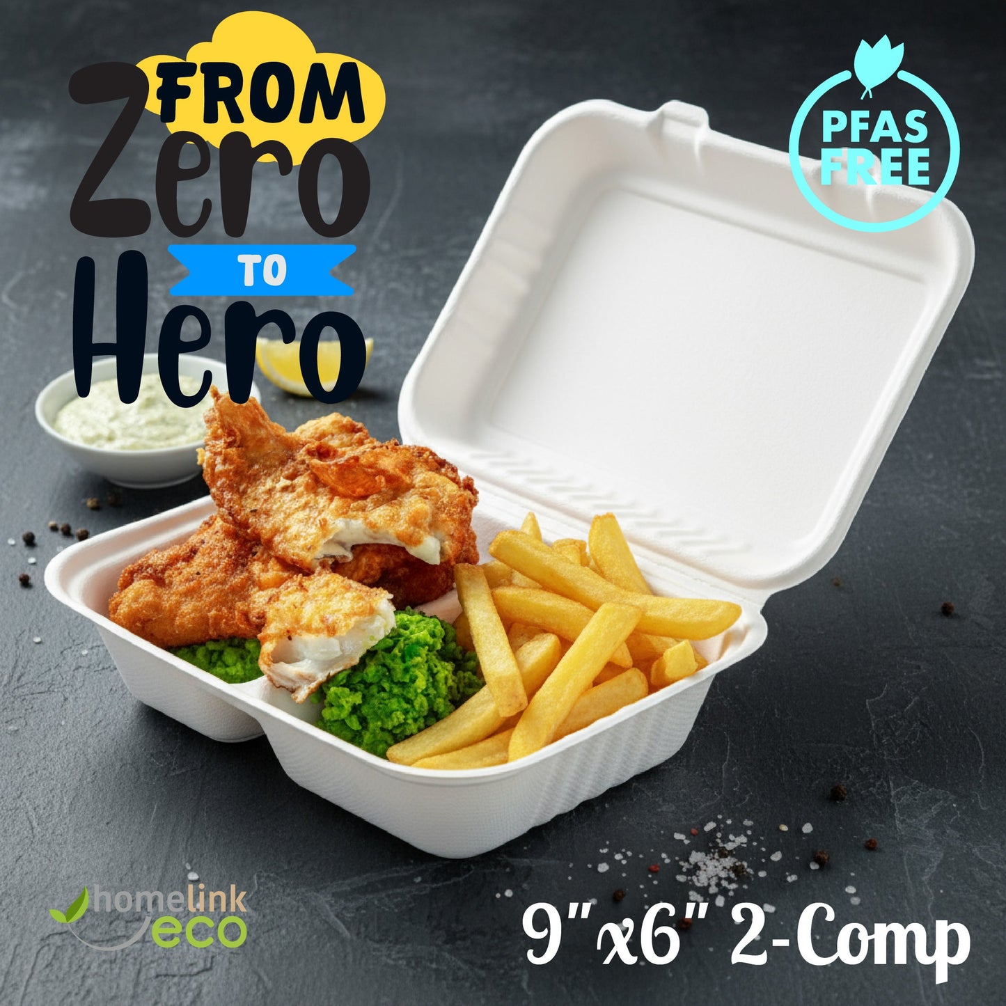 9x6" 2-Compartment Bagasse Clamshell